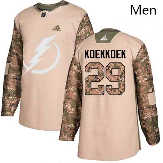 Mens Adidas Tampa Bay Lightning 29 Slater Koekkoek Authentic Camo Veterans Day Practice NHL Jersey